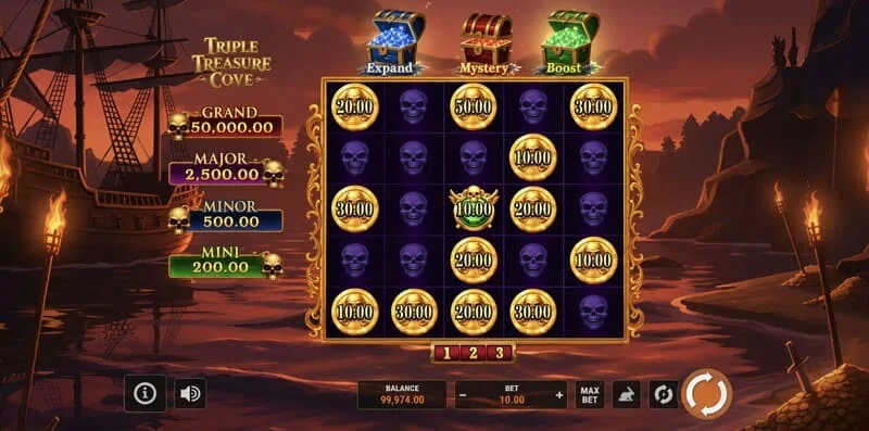 Triple Treasure Cove - aðalskjárinn með hjólum og sjóræningjaflóa